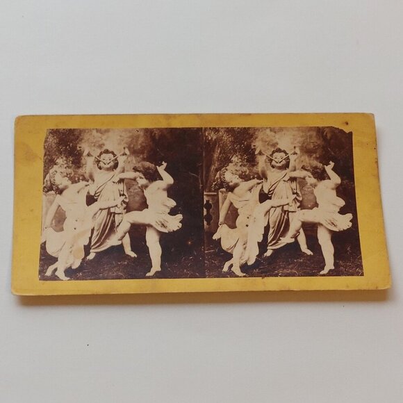 ANTIQUE VICTORIAN STEREOGRAPH CARD Cherub Waltz Trumpets - Picture 1 of 4